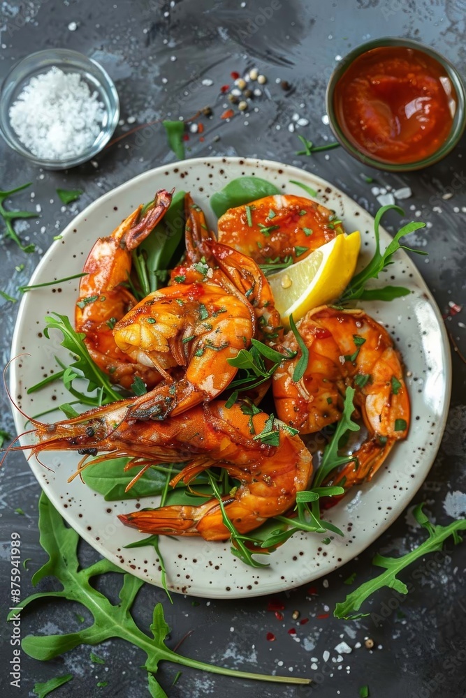 Fried shrimps on a plate with vegetables, Generative AI, Fried shrimps on a plate with vegetables, Generative AI,