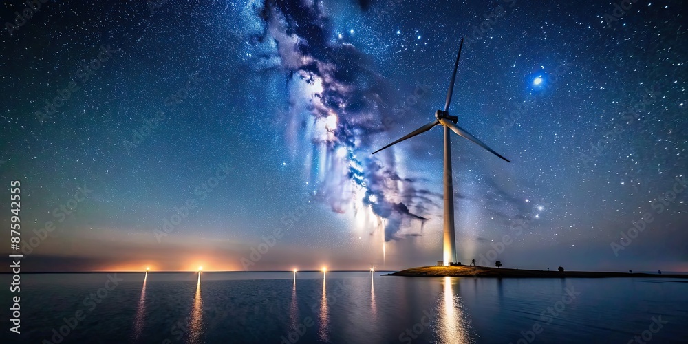 Offshore windmill standing tall near the sea under the stars at night offshore windmill sea Offshore windmill standing tall near the sea under the stars at night offshore windmill sea