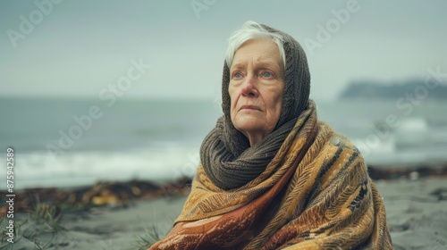 Senior woman wearing shawl sitting on beach