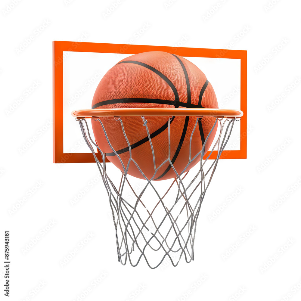Close-up of a basketball going through the hoop, captured mid-action with the ball in the net against a white background. Close-up of a basketball going through the hoop, captured mid-action with the ball in the net against a white background.