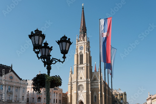 View of Name of Mary Church steeple on sunny summer day. Novi Sad, Serbia.