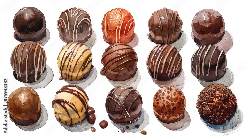 Obraz premium Assorted Chocolate Truffle Delights. Hand-drawn Watercolor Illustration for Gourmet Desserts