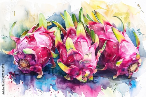 Colorful Dragon Fruit Watercolor Illustration on White Background