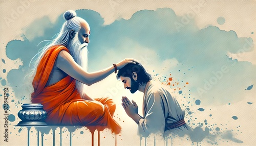 Watercolor illustration for guru purnima with a guru blessing a disciple.