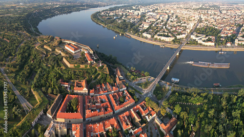 Panoramic view of Petrovaradin, Danube river and Novi Sad on sunny day. Serbia. © Kirill