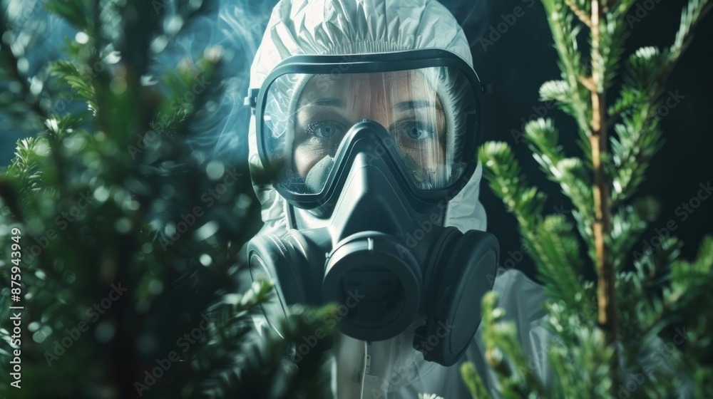 A Woman in a Hazmat Suit Looking at a Plant A Woman in a Hazmat Suit Looking at a Plant