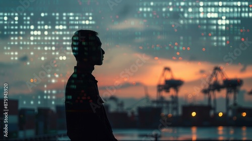 Silhouette of Man Against Cityscape and Bokeh Lights at Sunset