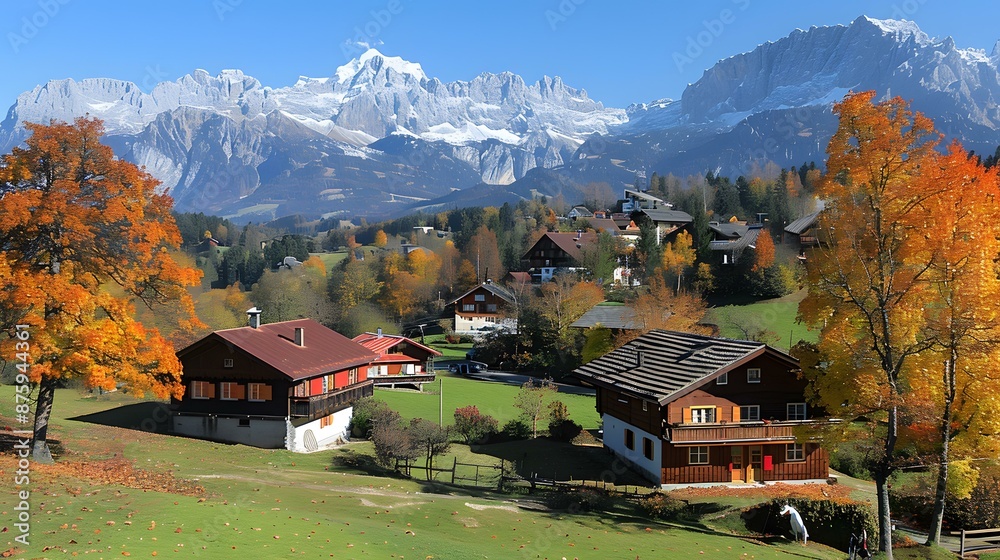 Obraz premium houses chalets mountains autumn trees landscape