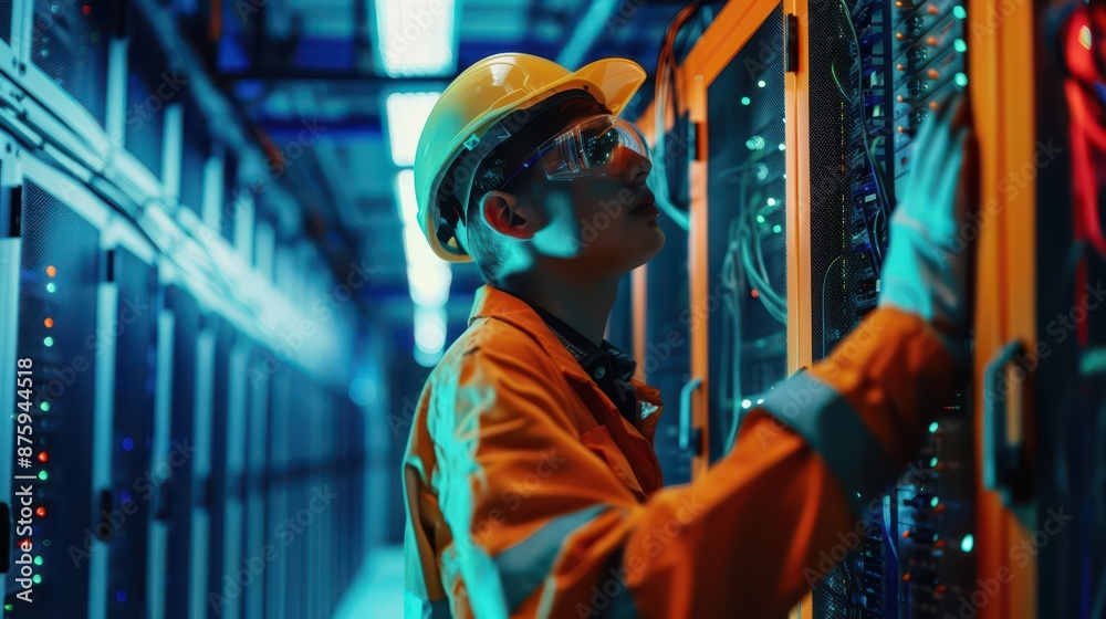 technician setting up network in server room