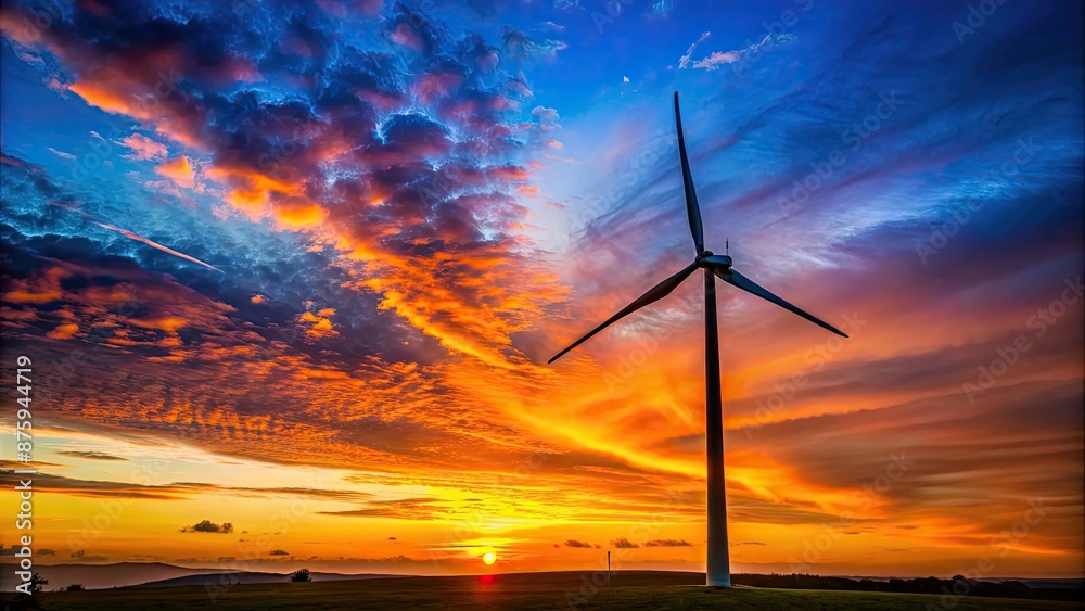 Obraz premium Wind turbine silhouetted against a colorful sunset sky , renewable energy, sustainable technology