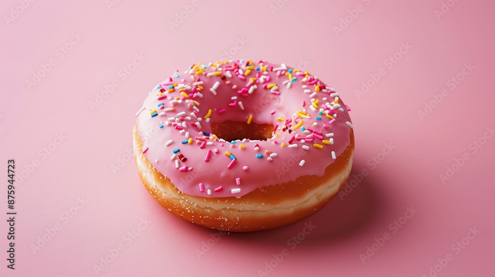 A pink frosted donut with sprinkles on a pink background. A pink frosted donut with sprinkles on a pink background.