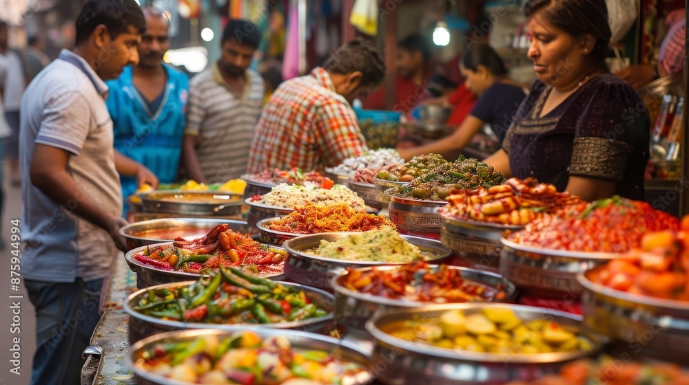 A group of people are standing around a table with many different types of food generated by AI A group of people are standing around a table with many different types of food generated by AI