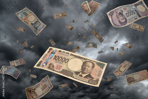 舞い落ちる大量の日本の円札