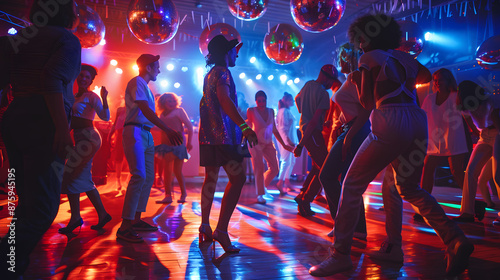 Retro dance party with friends dancing and having a great time laughing at the disco