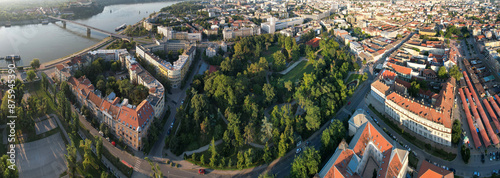 Panoramic aerial view of Novi Sad, Dunavski park and Danube river on sunny summer morning. Serbia.