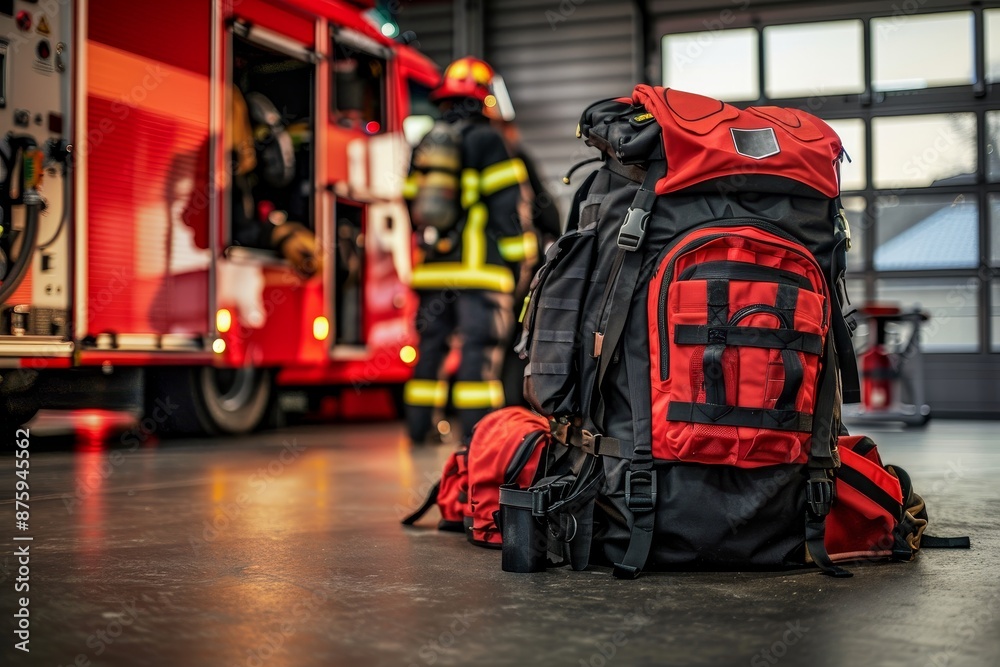 Obraz premium A red and black backpack is laying on the floor next to a fire truck generated by AI