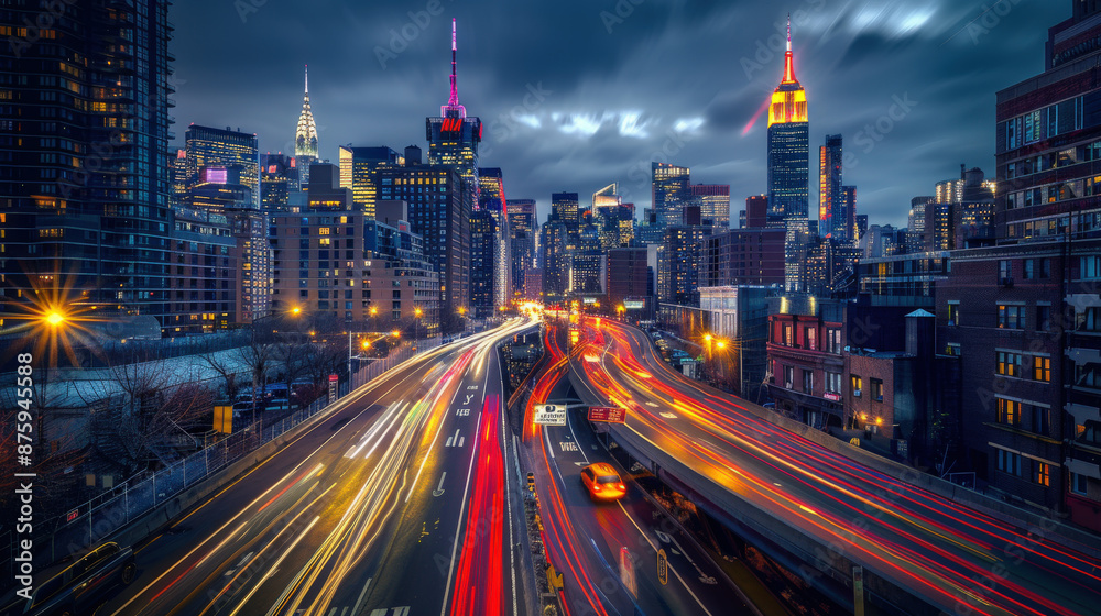 Fototapeta premium Cityscape at Dusk with Light Trails