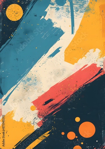 Colorful abstract painting with blue, yellow, orange and white photo