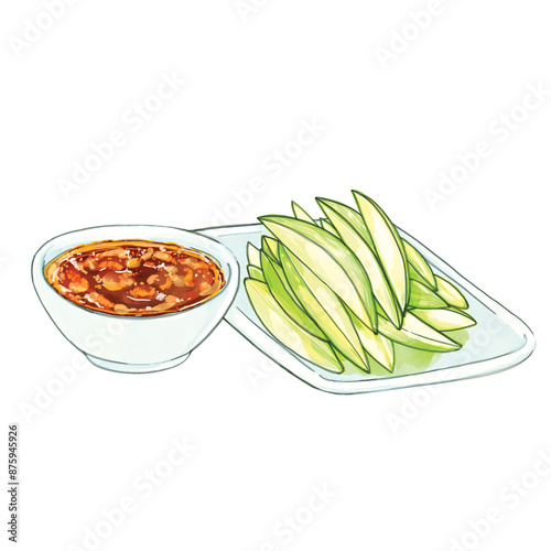 Watercolor illustration Mango with Sweet Fish Sauce, Thailand menu.