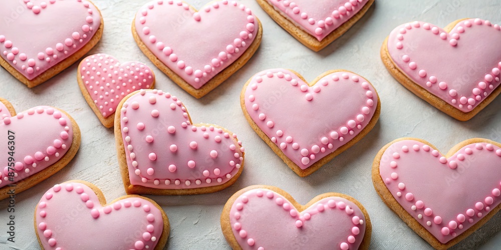 Pink heart shaped cookies covered with icing on a seamless background, Valentine's Day, love, sweet, dessert, romantic Pink heart shaped cookies covered with icing on a seamless background, Valentine's Day, love, sweet, dessert, romantic