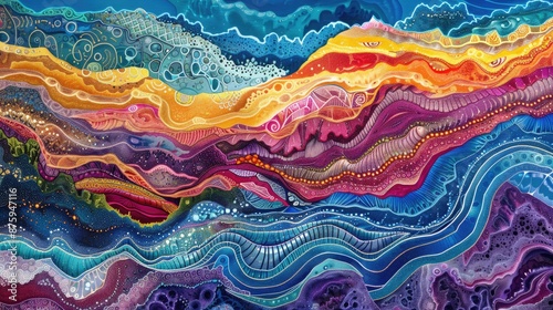 Contemporary art piece with layers of vibrant colors and intricate patterns, inviting the viewer to explore its depths.