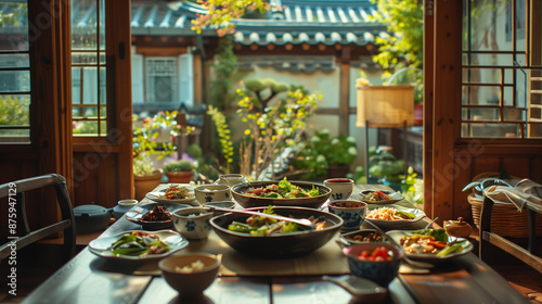 A table set with traditional Korean bibimbap, in a traditional Korean house, vegan food setting, traditional food 