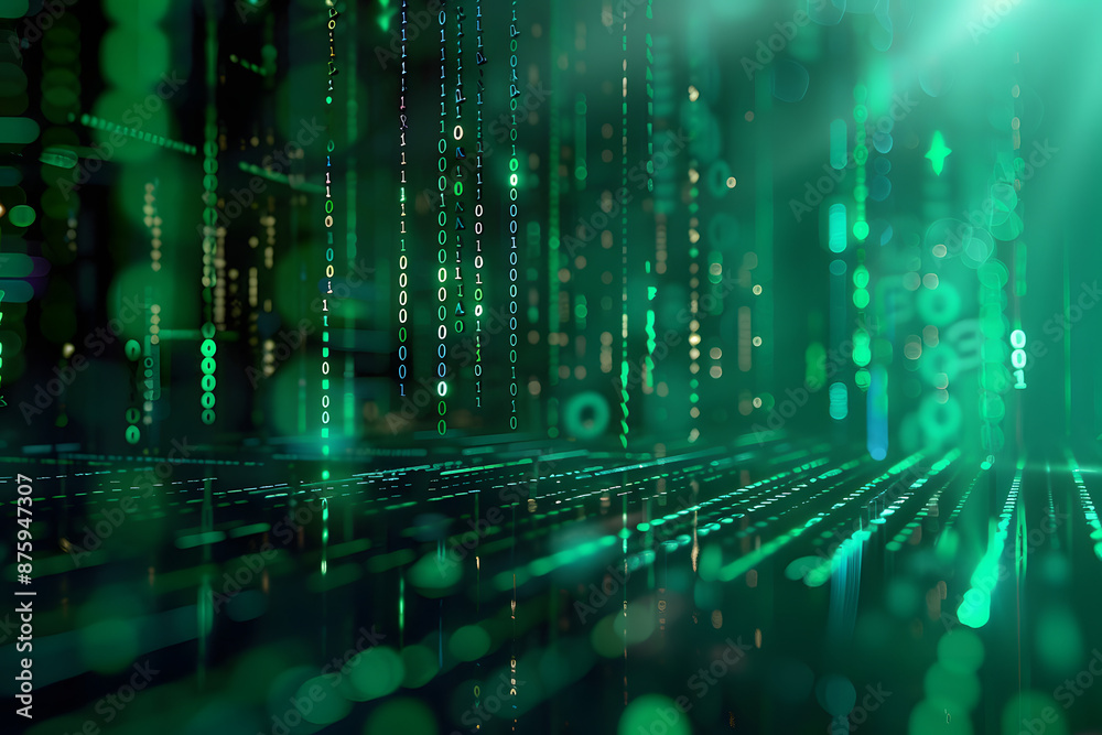 Digital binary code data streaming on a dark, greenish abstract background, reflecting the concept of technology. Generative AI Digital binary code data streaming on a dark, greenish abstract background, reflecting the concept of technology. Generative AI