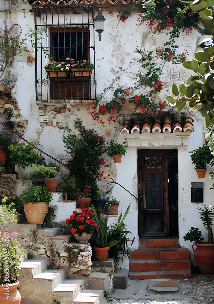 Naklejka premium A beautiful Spanish style house with flowers