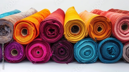 Vibrant Fabric Rolls Arranged in a Row - Perfect for Banners or Posters on a White Background