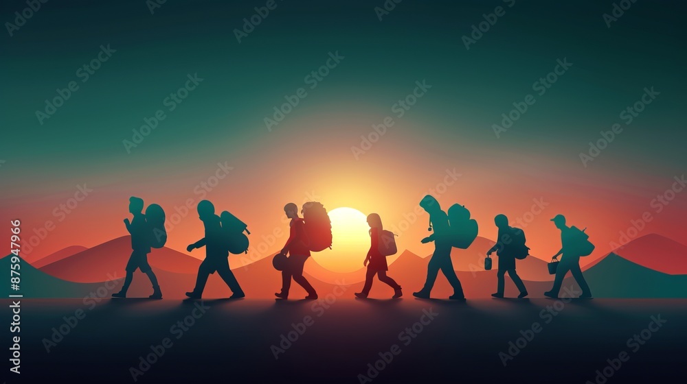 Group of hikers with backpacks walking at sunrise, silhouettes against a vibrant sky, adventure and bonding in nature. Group of hikers with backpacks walking at sunrise, silhouettes against a vibrant sky, adventure and bonding in nature.