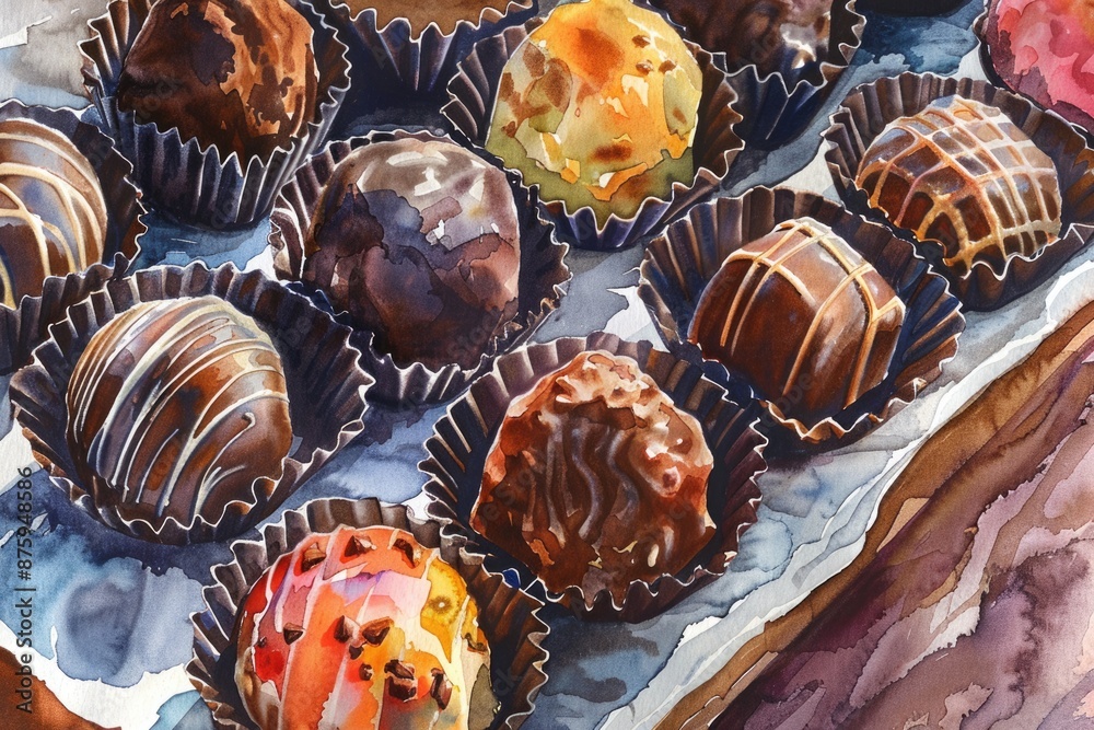 Luxurious Assortment of Hand-drawn Chocolate Truffles and Bonbons in Watercolor Illustration