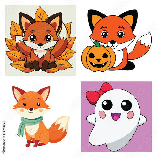 Cute Cartoon Fox and Ghost Illustrations for Autumn and Halloween, Four different cartoon illustrations of foxes and a ghost, each with a unique style and personality. A fox sits amidst autumn leaves.