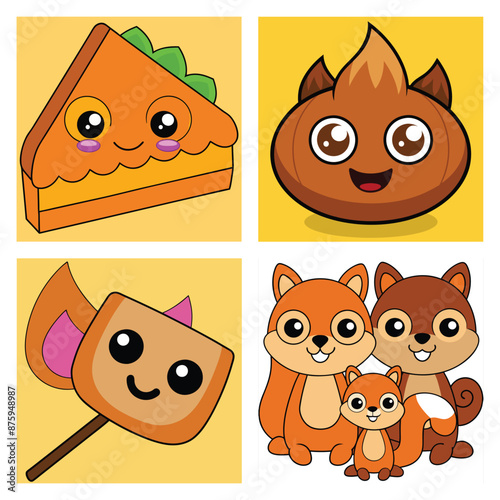 Cute Autumn Characters: Pumpkin Pie, Chestnut, Squirrel Family, A digital illustration featuring a collection of four cute autumn-themed characters. The characters include a slice of pumpkin.