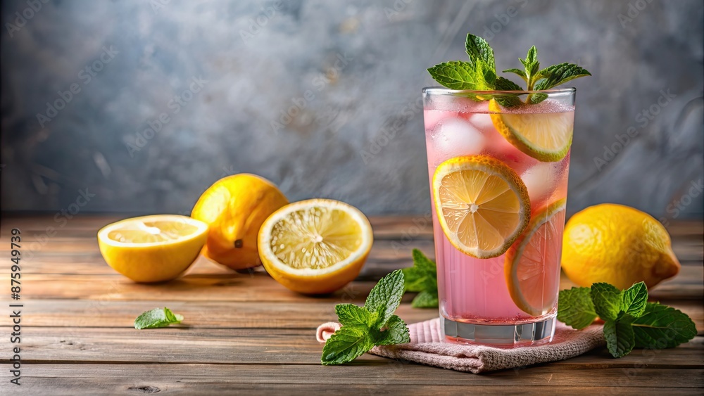 Fototapeta premium Refreshing pink lemonade in a clear glass with lemon slices and mint sprigs , summer, drink, beverage, citrus, pink