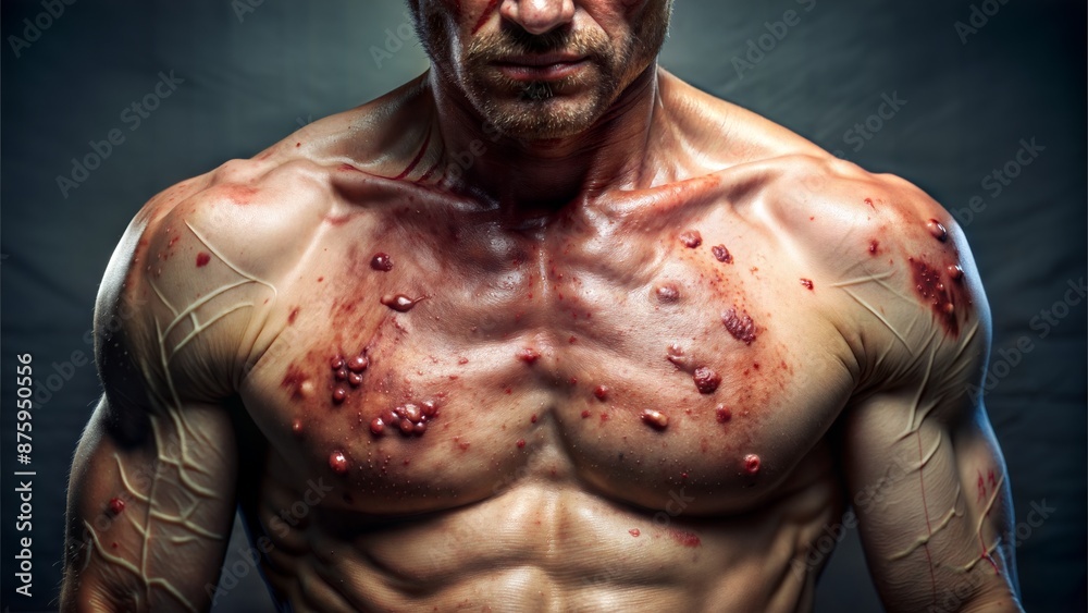 hyper realistic close-up of a man's body, covered in festering sores, a sense of pain and disgust. hyper realistic close-up of a man's body, covered in festering sores, a sense of pain and disgust.