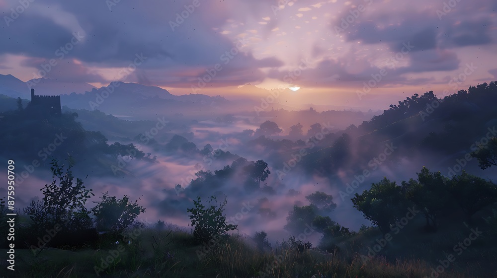 To hunt castle in the fog of the morning in valley very detailed and realistic shape To hunt castle in the fog of the morning in valley very detailed and realistic shape