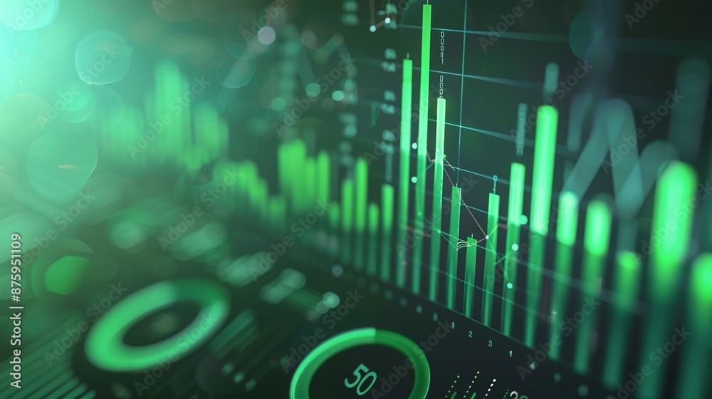 Fototapeta premium Vibrant Green Gradient Background with Circular Graphs Showing Statistical Data Visualization