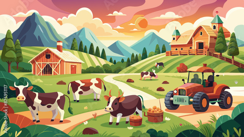 A charming painting of idyllic cows in a picturesque countryside setting, enveloped in a warm and welcoming atmosphere vector illustration © Ishraq