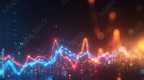 Dark background with glowing line charts and empty space for information 