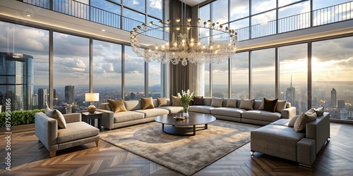 Spacious living room featuring a grand chandelier, modular sectional, and panoramic views © Sujid
