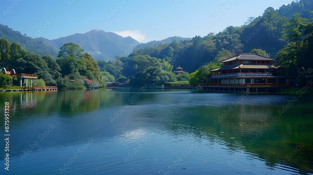 Fototapeta premium Pavilion by the lake in the mountains