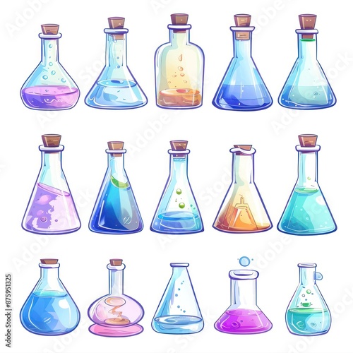 Collection of Colorful Flasks with Potions and Elixirs