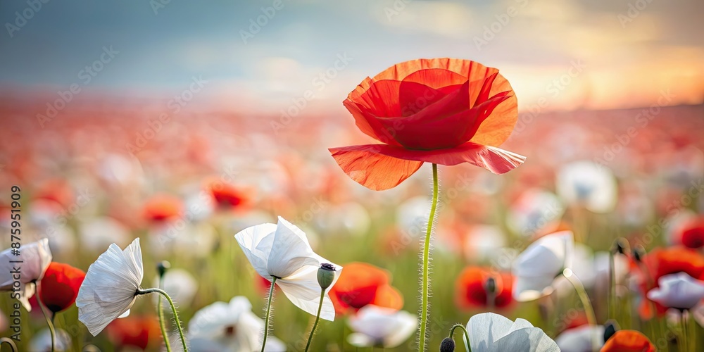 Obraz premium Poppy flower in a field made entirely of paper, poppy, flower, field, paper, handmade, craft, delicate, nature, red