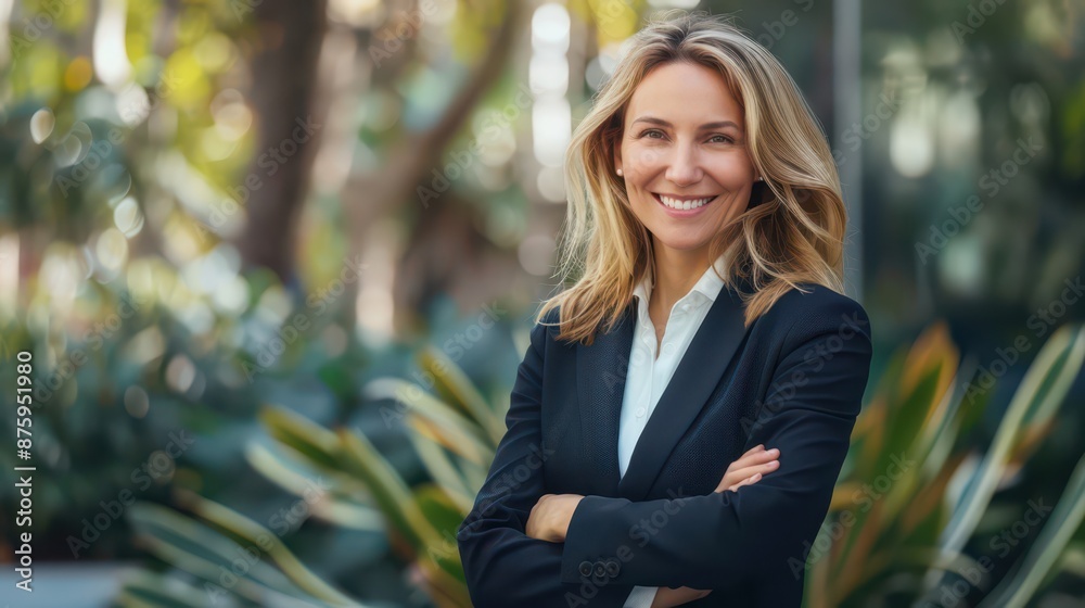 business woman in a suit standing smiling for a portrait outdoors