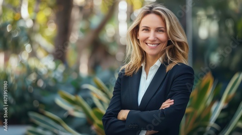 Obraz na płótnie business woman in a suit standing smiling for a portrait outdoors w salonie