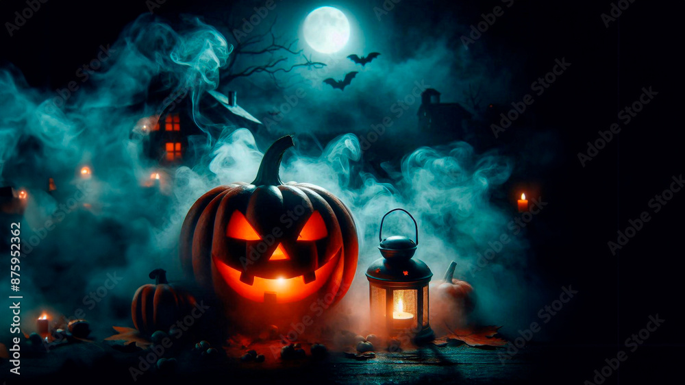 Fototapeta premium Halloween pumpkin in thick fog for spooky contrast and spooky atmosphere