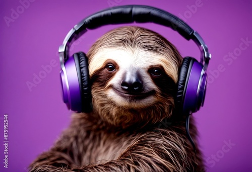 music sloth listening cheerful adphones purple background earphones funny happy animal cute sound lazy photo