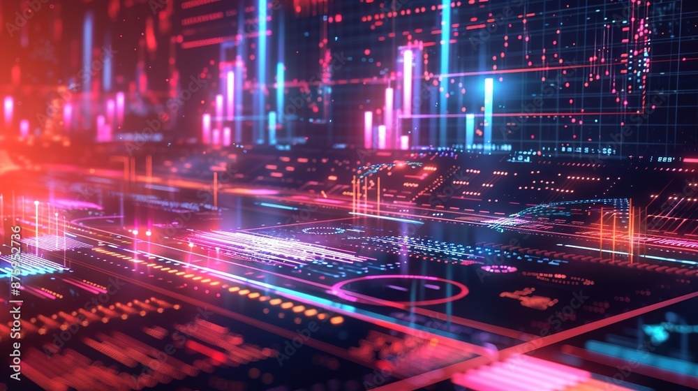 Futuristic 3D Graphs and Charts on Tech-Inspired Background with Copy Space Futuristic 3D Graphs and Charts on Tech-Inspired Background with Copy Space