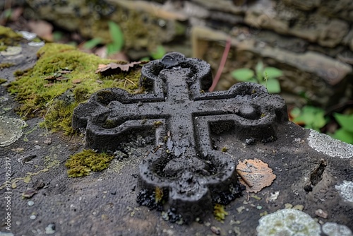 TClose-up of a weathered cross embedded in a moss-covered stone surface, surrounded by natural elements like leaves and lichen, evoking a sense of history and decay in a serene, natural setting. photo