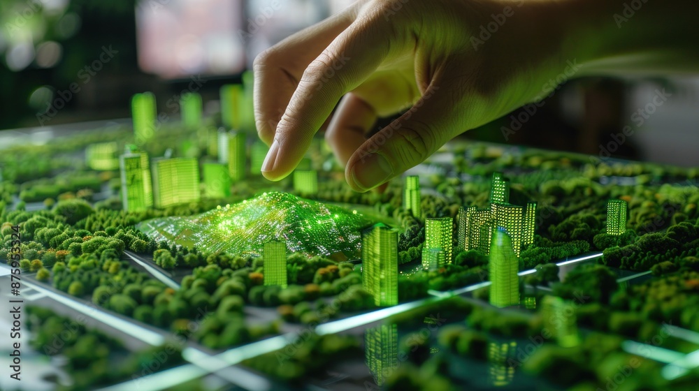 Obraz premium Hand Interacting with a Green City Model